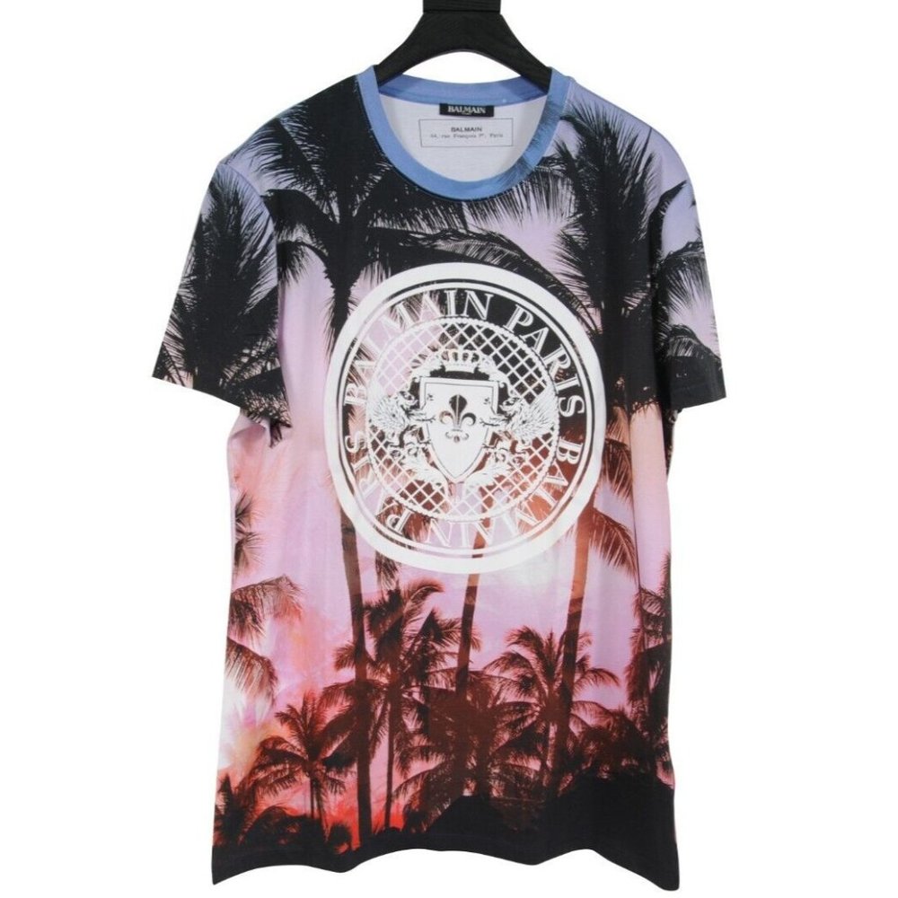Balmain Mens Sunset Palm Coin Logo T Shirt Size Large Ombre Pink Blue Cotton